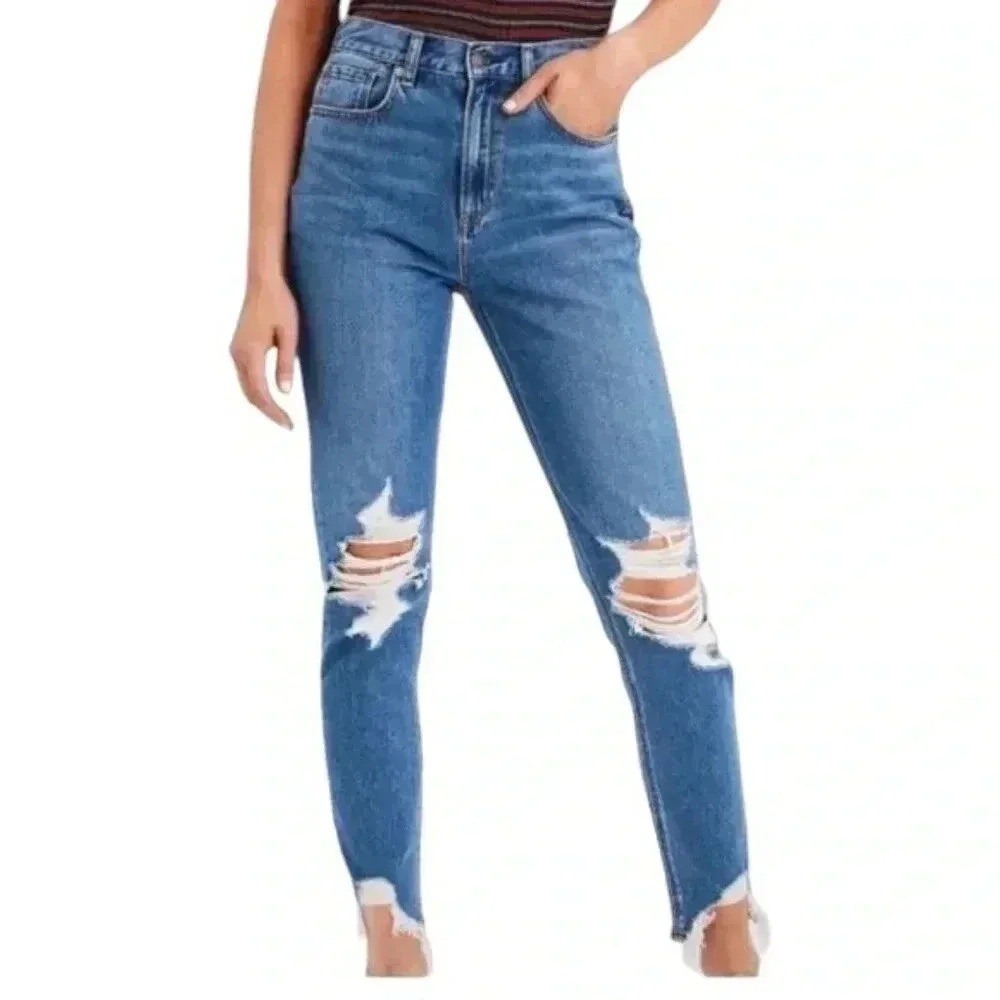 American Eagle Mom Jeans High Waisted  Distressed Ripped Blue Size 00